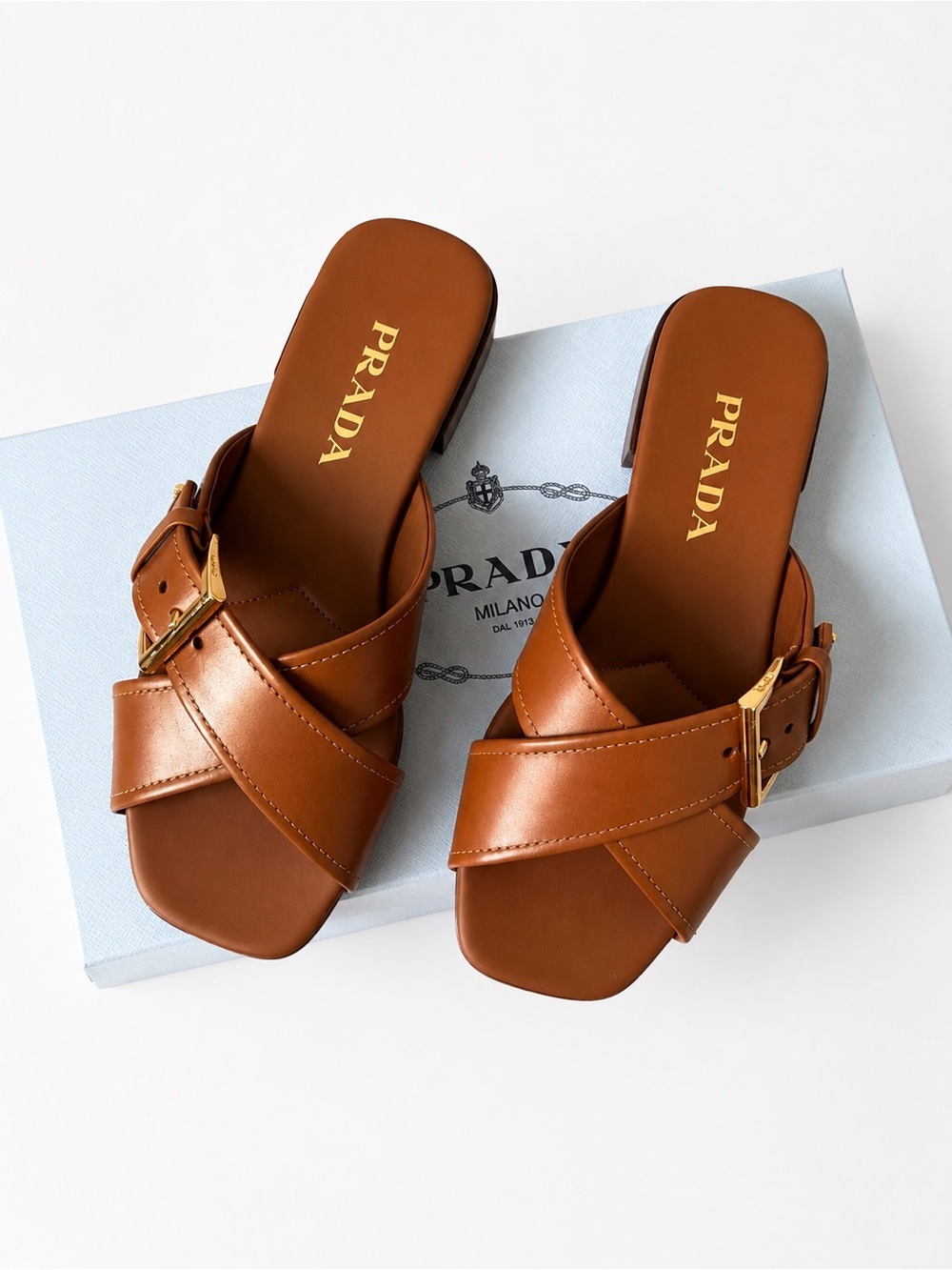 Prada Crisscross Leather Slide Sandals Brown Gold Logo Buckle 37.5 NWT - Picture 1 of 13